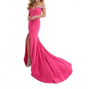 NEW HOUSE OF WU off the shoulder gown in fuschia